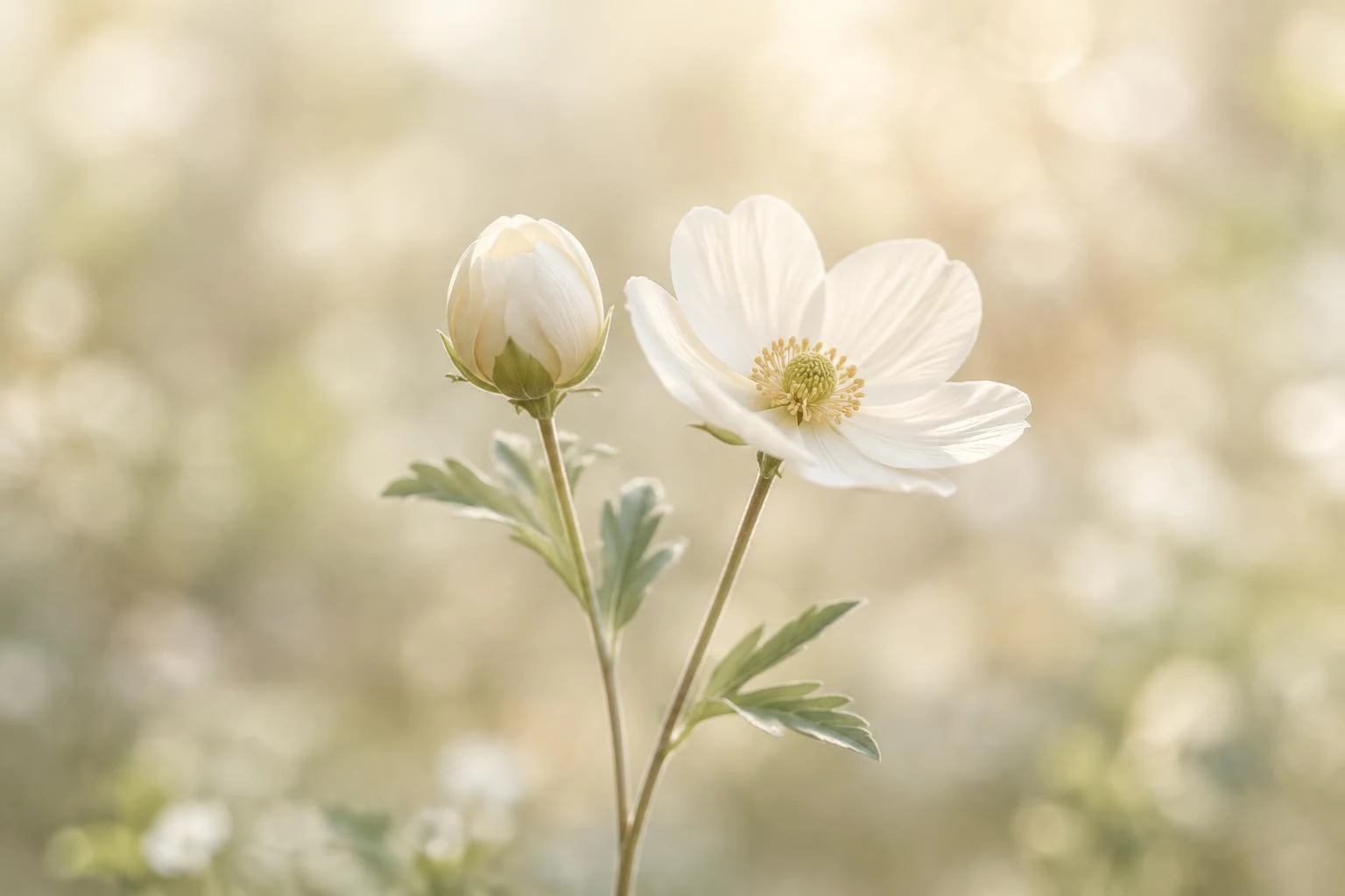 Un bocciolo bianco accanto a un fiore aperto.