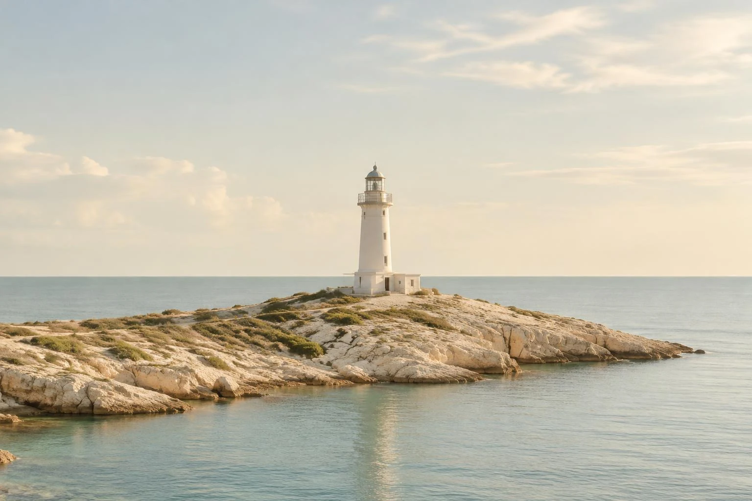 Faro bianco su una costa rocciosa sopra il mare calmo.