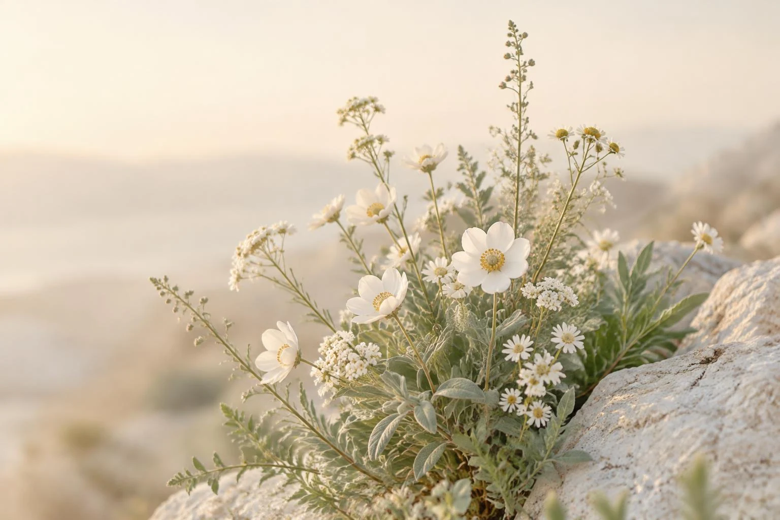 Fiori bianchi e vegetazione delicata accanto alla roccia.
