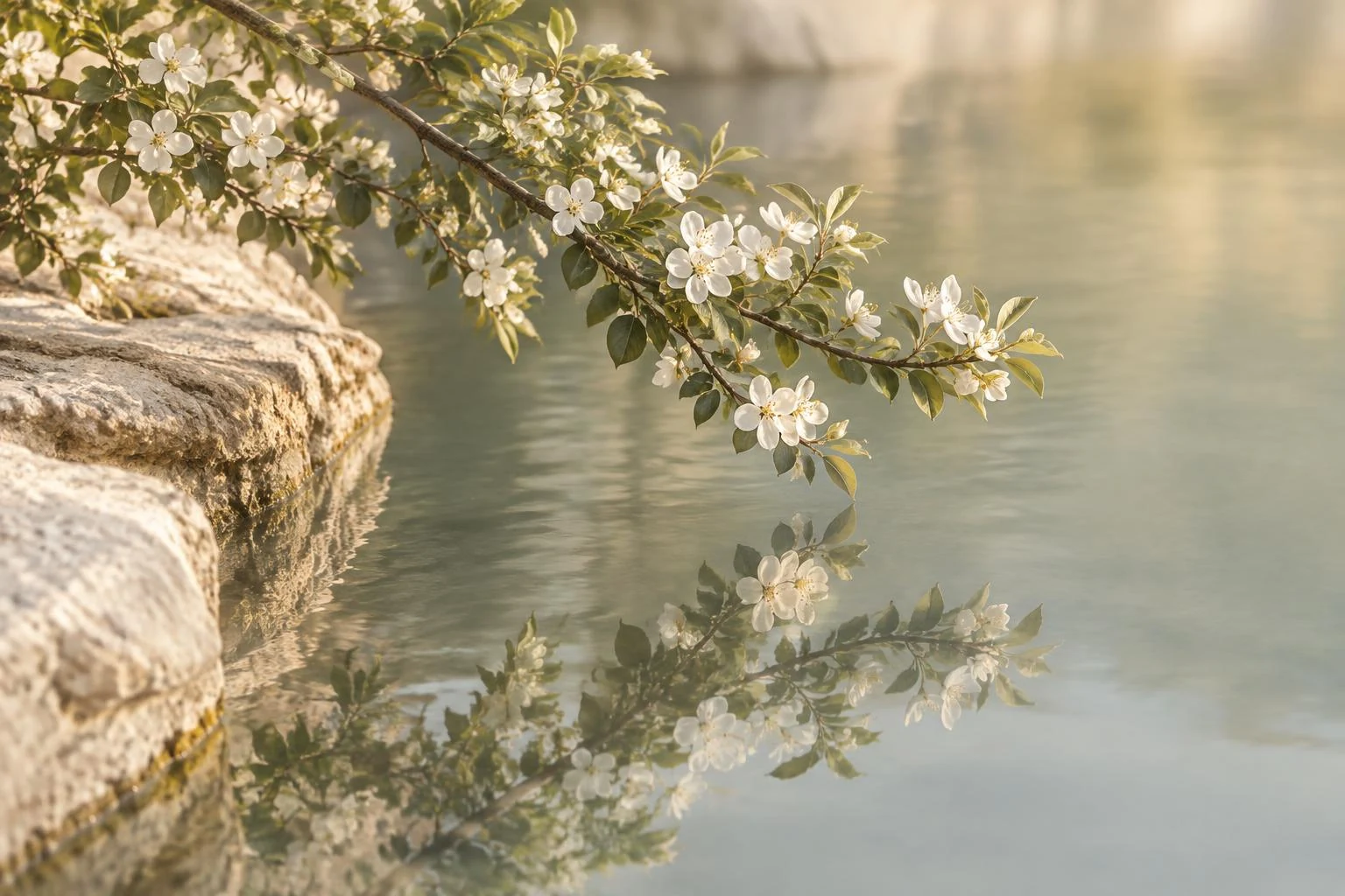 Ramo fiorito e il suo riflesso sull’acqua calma.