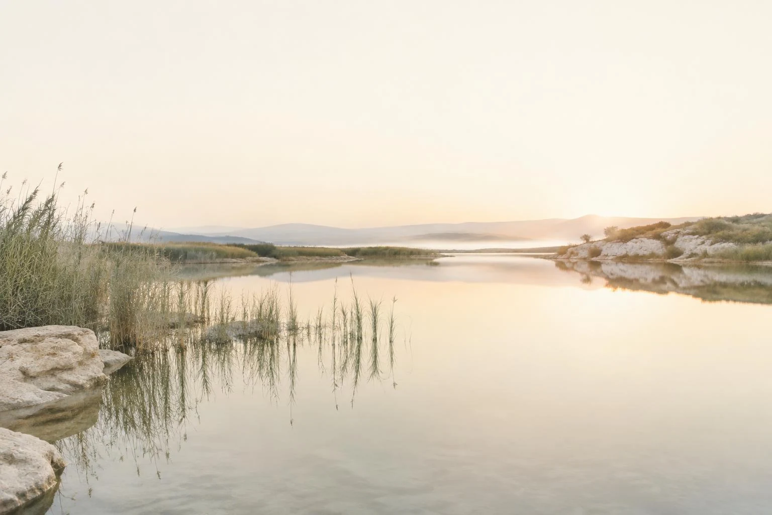 Acqua immobile con canne e rocce chiare all’alba.