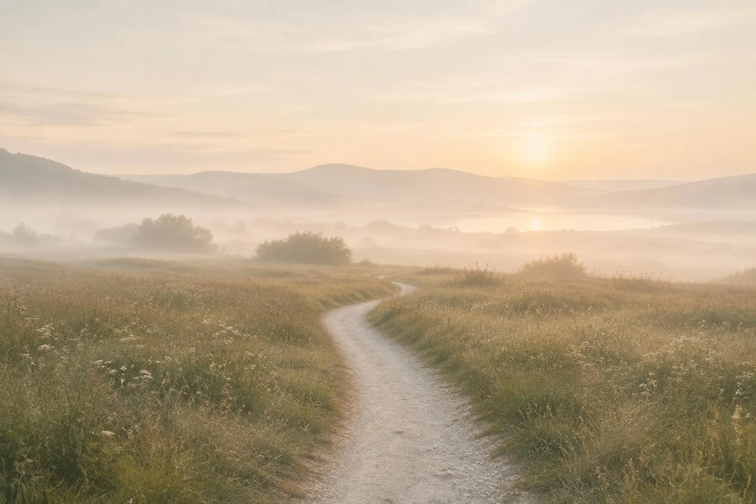 Sentiero in un prato velato dalla foschia del mattino.