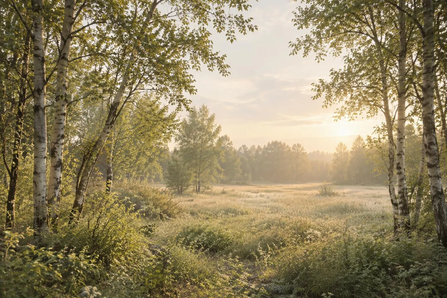 Radura luminosa incorniciata da alberi e vegetazione.