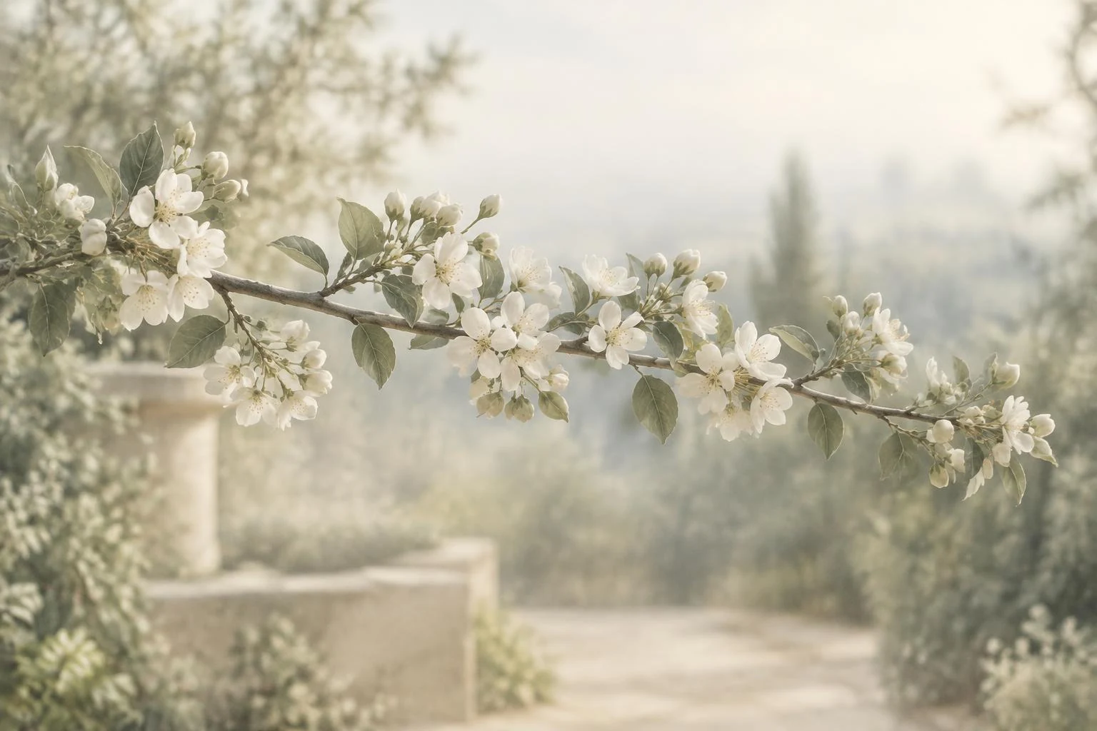 Ramo di fiori bianchi sospeso nella luce del giardino.