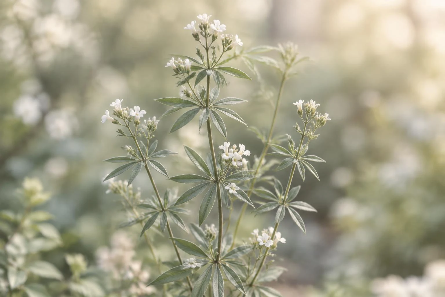 Foglie disposte in verticilli e piccoli fiori bianchi.
