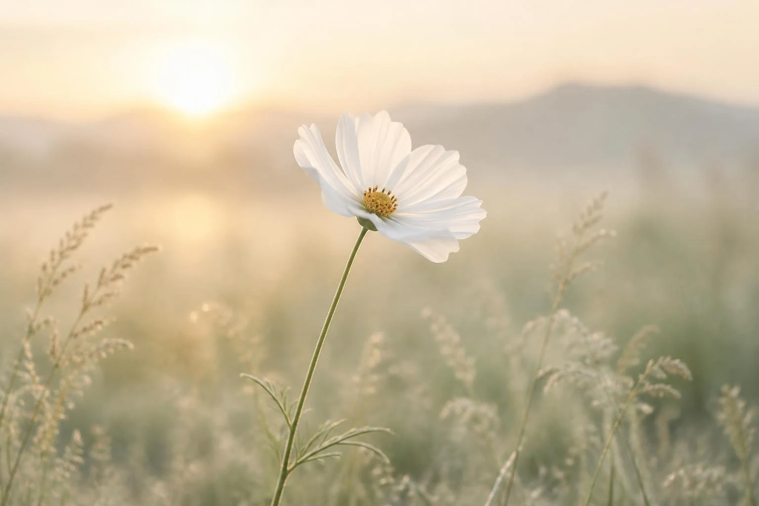 Fiore bianco leggermente inclinato in un prato.