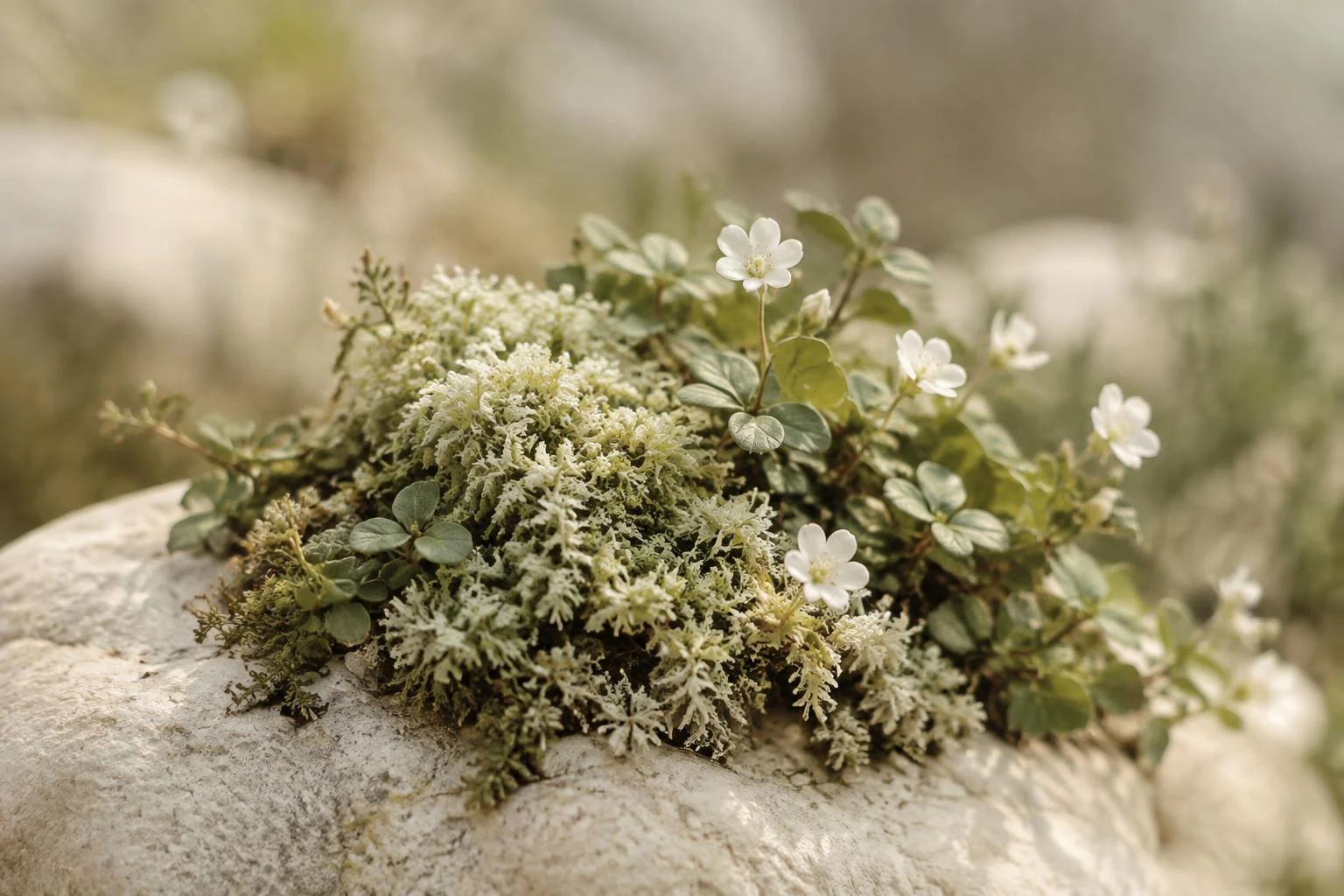 Muschio, piccole foglie e fiori bianchi su una pietra.